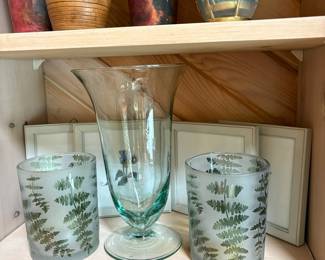 Frosted Fern Etched Glass Hurricane Candle Holders and Clear Glass Trumpet Vase