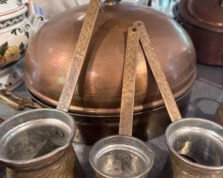 Vintage Copper Turkish Coffee Pot Set with Engraved Handles