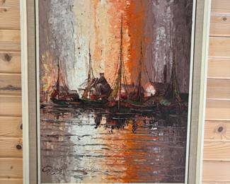 Impressionist Seascape with Sailboats by C. Range