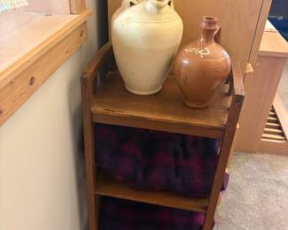 Antique Stoneware Jug and Earthenware Pitcher on Wooden Shelf Unit