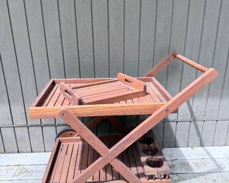 Acacia Wood Outdoor Bar Cart with Trays and Bottle Holders