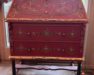Red Chinoiserie Hand-Painted Secretary Desk