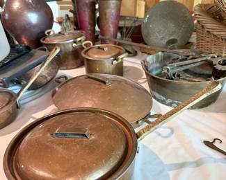 Vintage Hammered Copper Cookware Set with Brass Handles