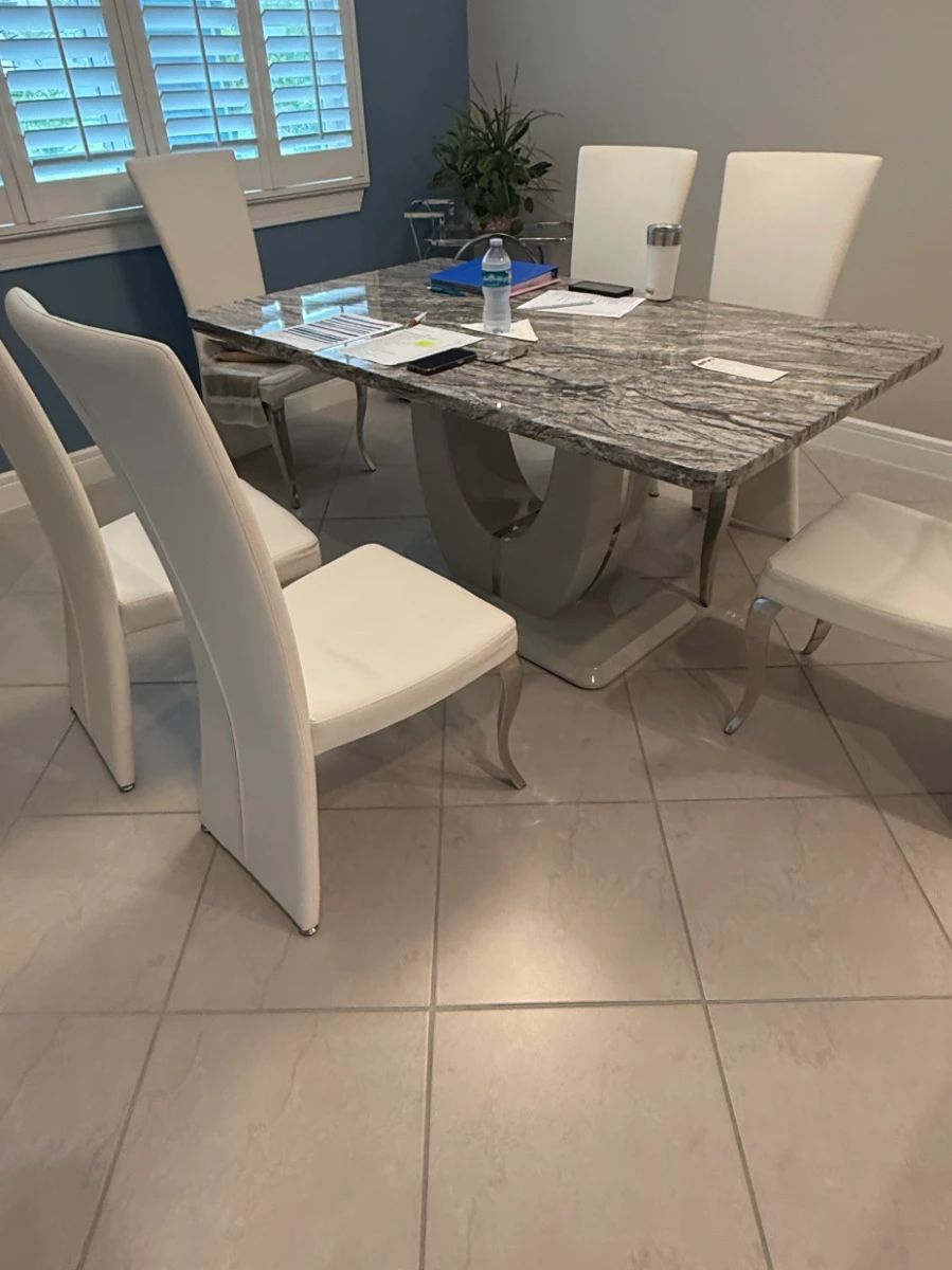 JUFU Faux Marble Dining Table Set with White PU Leather Chairs