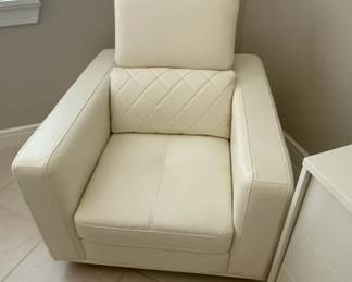 Cream Leather Armchair with Quilted Accent Pillow