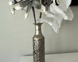 Silver Metal Embossed and CutOut Filigree Vase with Faux Flowers
