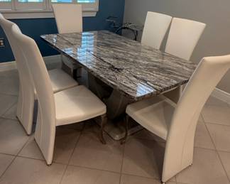 Modern Faux Marble Dining Table Set with White Faux Leather Chairs