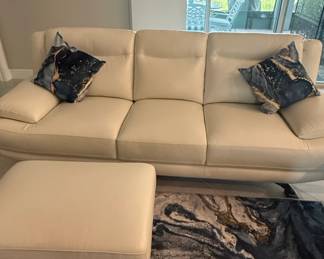 Modern Cream Leather Sofa with Ottoman
