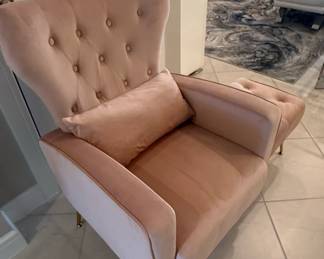 Pink Velvet Wingback Accent Chair with Lumbar Pillow and Gold Legs
