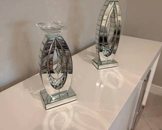 Mirrored Oval Candlestick Holders with Crystal Accents