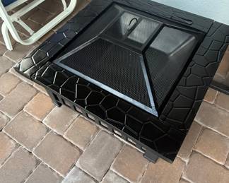 Black Metal Square Fire Pit with Decorative Rim and Mesh Screen