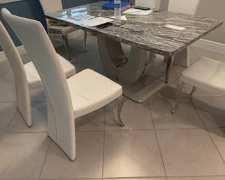 JUFU Faux Marble Dining Table Set with White PU Leather Chairs
