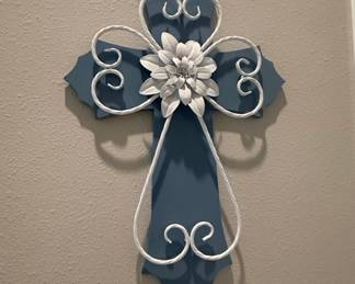 Metal Wall Cross with White Flower and Scroll Accent
