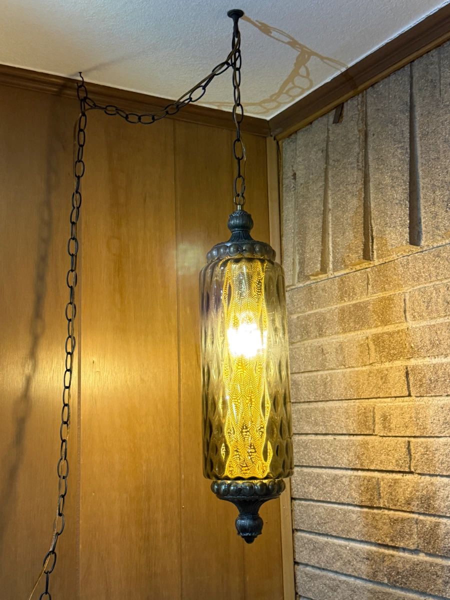 VTG MCM Hollywood Regency Amber Glass Hanging Swag Light
