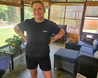 Here's my lovely helper Laura posing in front of the patio furniture
