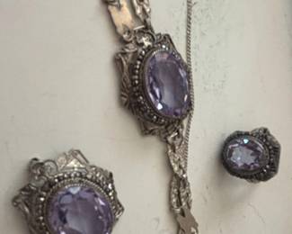 Art Deco Amethyst and Sterling Silver Jewelry Set