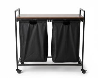 Industrial Style Double Laundry Hamper with Shelf and Wheels