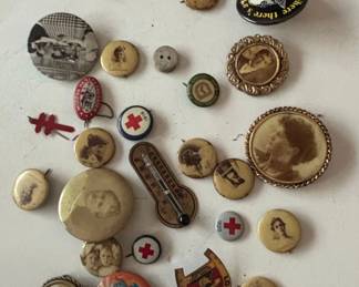 Assorted Vintage Memorabilia Pins, Brooches, and Thermometer