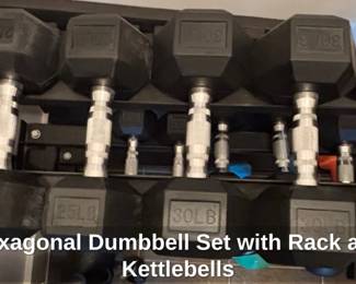 Hexagonal Dumbbell Set with Rack and Kettlebells second image