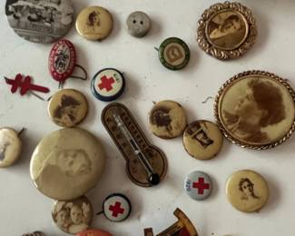 Assorted Vintage Memorabilia Pins, Brooches, and Thermometer second image
