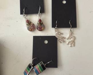 Lot of Pairs of Earrings Resin Floral, Kokopelli, and Geometric Inlay
