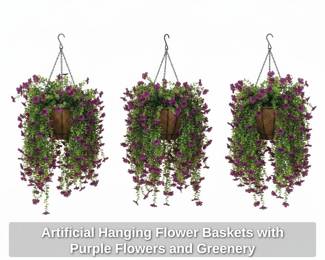 Artificial Hanging Flower Baskets with Purple Flowers and Greenery second image