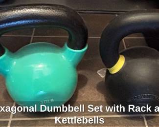 Hexagonal Dumbbell Set with Rack and Kettlebells sixth image