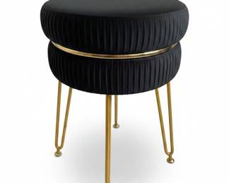 Black Pleated Velvet Vanity Stool with Gold Hairpin Legs