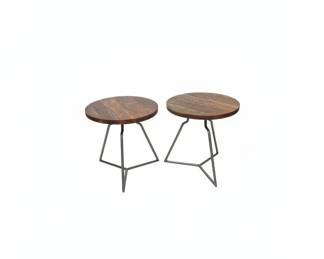 Set of Round Wood Top Side Tables with Geometric Metal Base