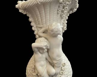 Antique Capodimonte Porcelain BasketForm Vase with Cherubs and Flowers