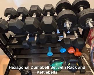 Hexagonal Dumbbell Set with Rack and Kettlebells