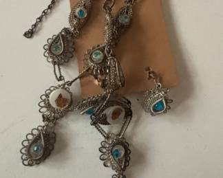 Bohemian Style Filigree Necklace and Earring Set with Blue Cabochons