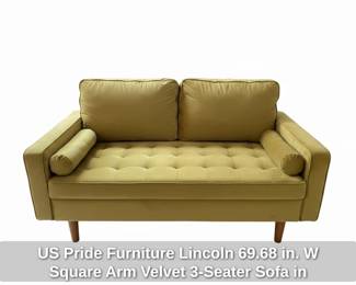 US Pride Furniture Lincoln . in. W Square Arm Velvet Seater Sofa in Goldenrod