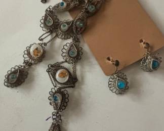 Bohemian Style Filigree Necklace and Earring Set with Blue Cabochons second image