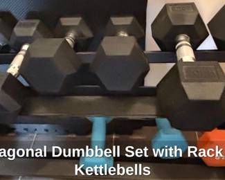 Hexagonal Dumbbell Set with Rack and Kettlebells fifth image