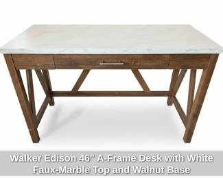 Walker Edison AFrame Desk with White FauxMarble Top and Walnut Base