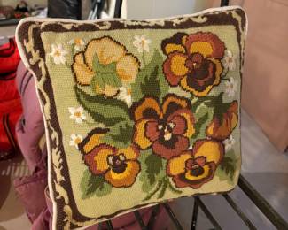 Vintage Needlepoint Pillow with Pansy Motif