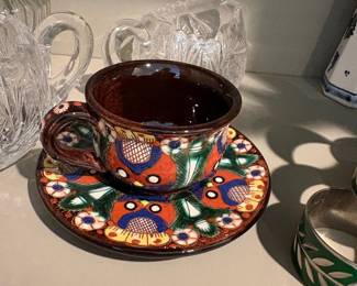 Hand-Painted Talavera-Style Ceramic Demitasse Cup and Saucer Set