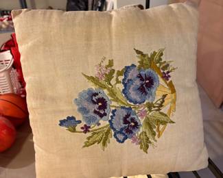 Hand-Embroidered Pansy Pillow