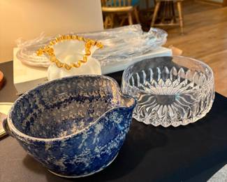 Blue Spatterware Batter Bowl and Cut Crystal Bowl