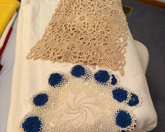 Vintage Crochet Doilies Set with Blue Rosette Accents