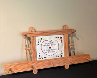 Wooden Coat Rack with "Press Button For Maid Service" Cross-Stitch