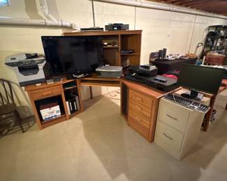 Corner Computer Desk with Integrated Hutch and Filing Cabinet