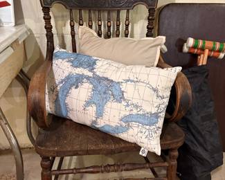 Victorian Carved Walnut Side Chair with Great Lakes Map Pillow