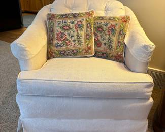 Vintage Tufted Upholstered Armchair with Needlepoint Pillows
