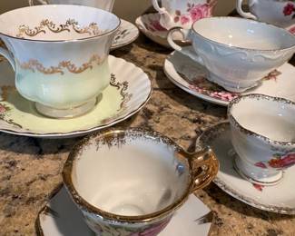 Vintage Assorted Floral and Gold Trim Tea Cups and Saucers
