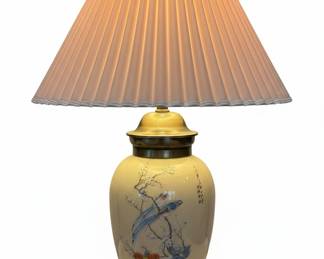 Vintage Asian Chinoiserie Ceramic Ginger Jar Table Lamp with Bird and Floral Motif