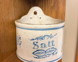 Antique Stoneware Salt Box Wall Pocket, Blue Floral Design