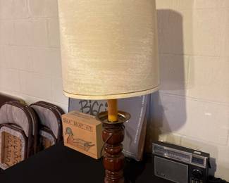 Vintage Turned Wood and Brass Table Lamp with Fabric Shade
