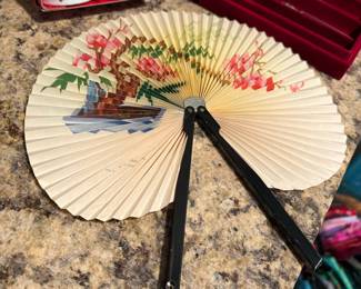 Vintage Hand Painted Chinese Folding Fan with Floral and Boat Motif